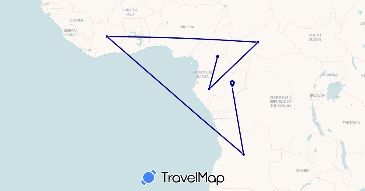 TravelMap itinerary: driving in Angola, Central African Republic, Republic of the Congo, Côte d'Ivoire, Cameroon, Gabon (Africa)